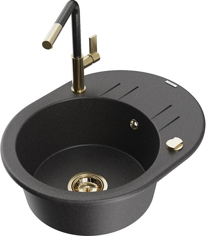 Mexen Kevin 1 Becken-Granitspüle mit Abtropffläche und Mischbatterie Flora, Schwarz gesprenkelt - 65