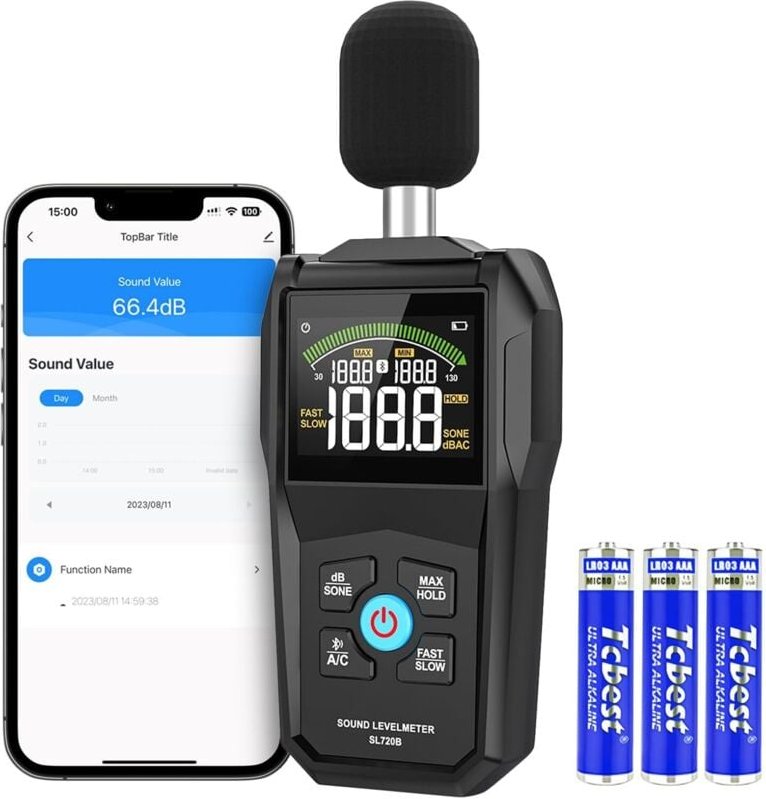 Tragbarer digitaler Schallpegelmesser mit Bluetooth-App (30 dB bis 130 dB) mit LCD-Display, Schallpegelmessung (Max./Min...