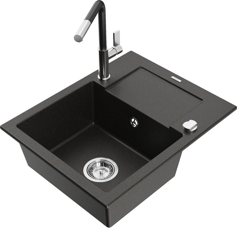 Enzo 1 Becken-Granitspüle mit Abtropffläche und Mischbatterie Flora, Schwarz/Gold metallisch - - Mexen