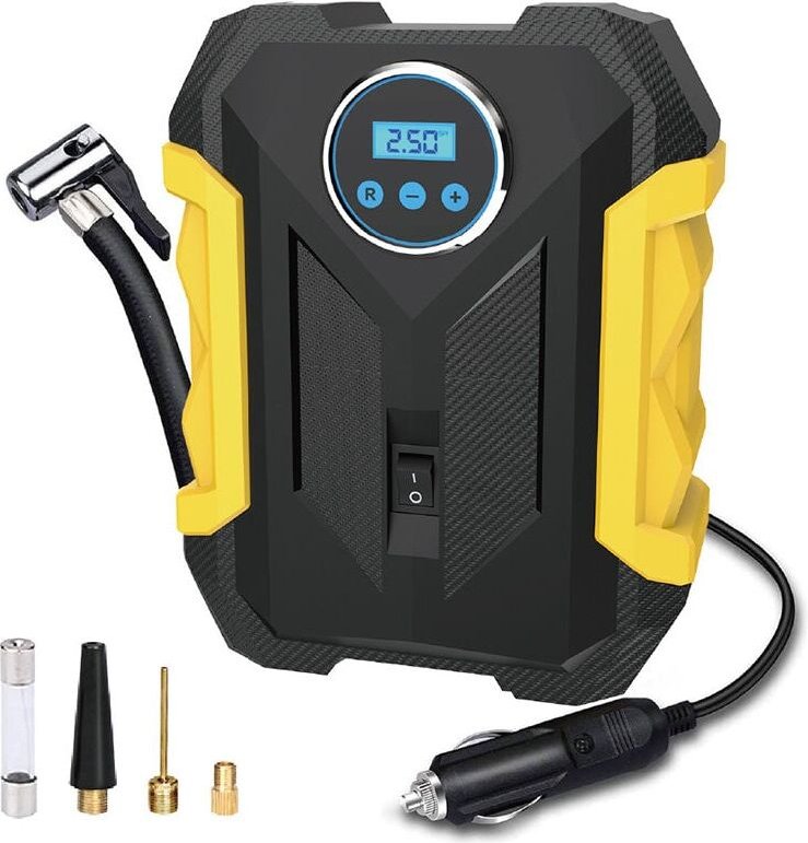 Autoreifenfüller, tragbarer 12-V-Luftkompressor, 150-PSI-Luftkompressor mit Reifendruckmesser und LED-Licht, Gelb