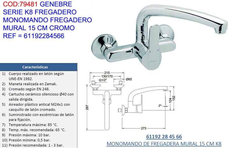 Genebre - Einhebel-Wandwaschtischarmatur K8 15 cm CR61192284566