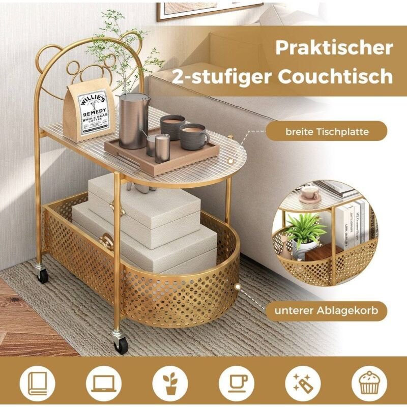 Beistelltisch glas mit rollen 2 stufiger glastisch mit barenmuster 60 x 40 x 76 cm golden