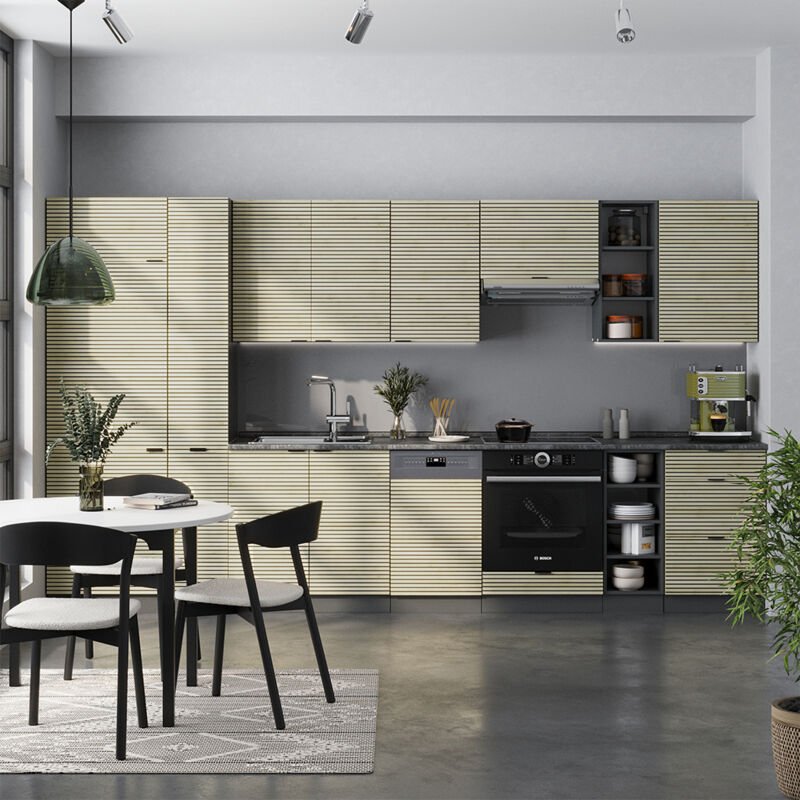 Küchenzeile Fame-Line, Eiche Paneel/Anthrazit, 355 cm , AP Marmor, Vicco