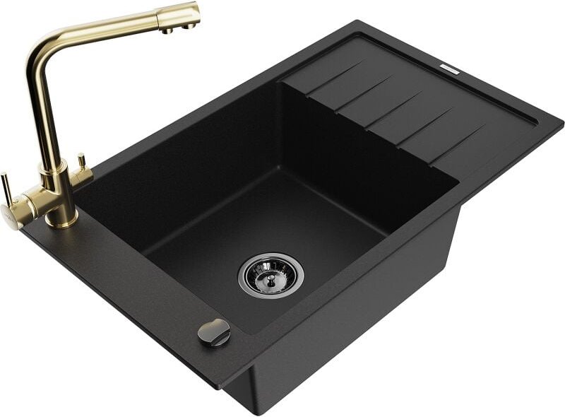 Elias 1 Becken-Granitspüle mit Abtropffl√§che und Mischbatterie Duero, Schwarz - 6511-77-671600-50-B - Mexen