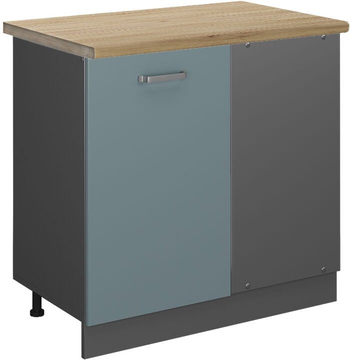 Eckunterschrank R-Line, Blau-Grau, 86 cm, AP Eiche, Vicco