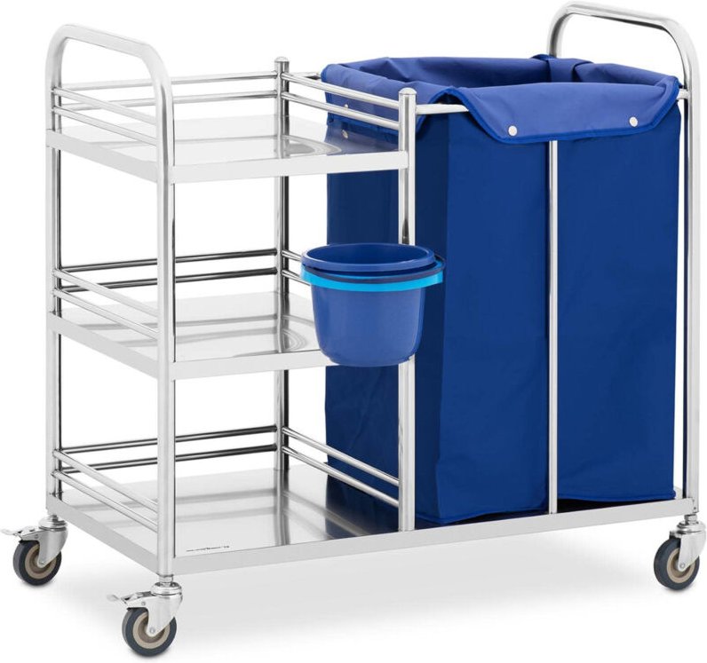 Steinberg Systems - Etagen-Wagen Wäschewagen mit Rollen Edelstahl 3 Ablagen + Wäschesack 50 kg