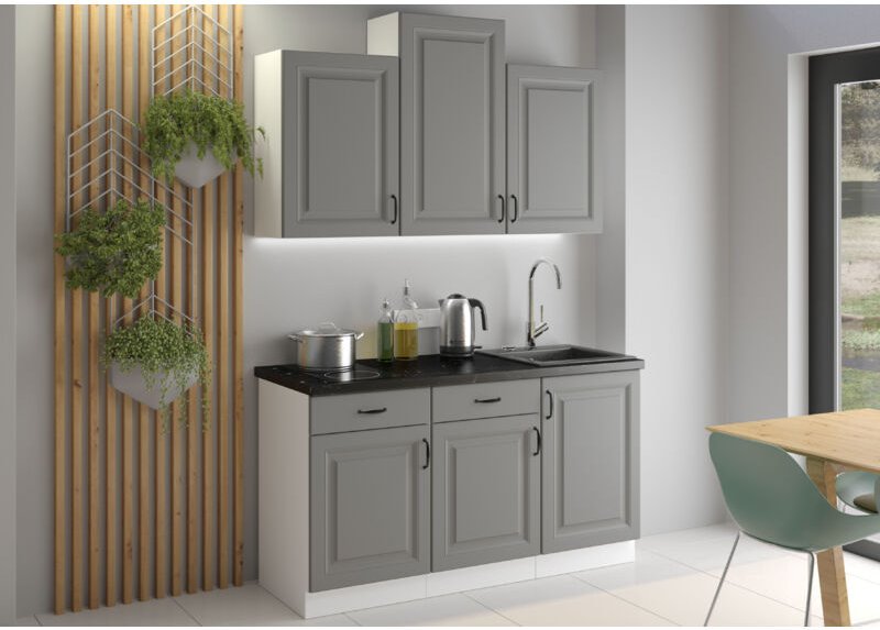 Küchenmöbel-Set Eckküche Ariatte 150 cm mit Hängeschränken Dunkelgrau Weiß - Furnix