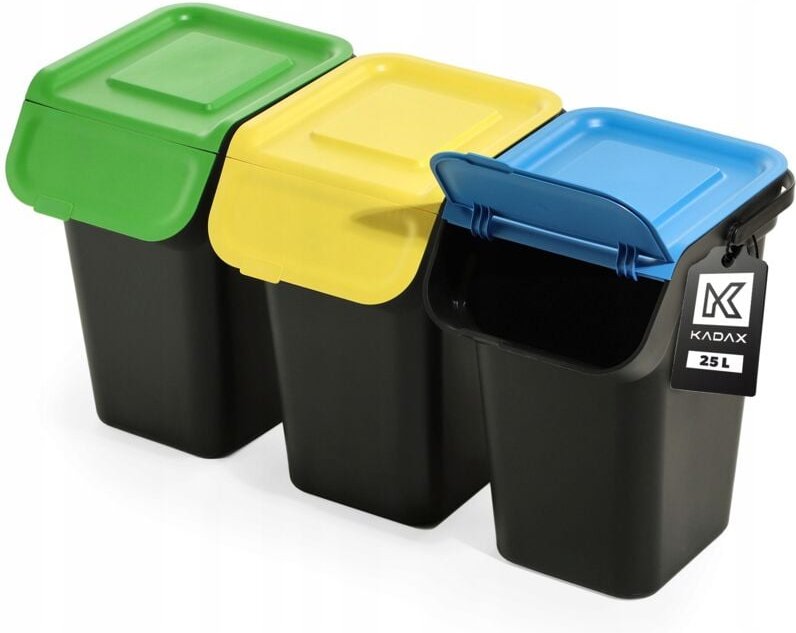 Mülltrennset mit luftdichtem Klappdeckel, 25-l-Mülleimer, Küchenabfalleimer, schwarz, 3 x 25 l - Kadax