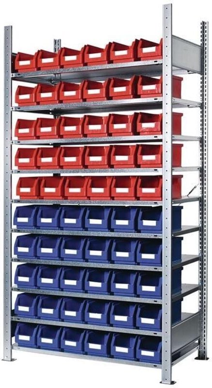 Steckregal H2000xB1000xT300mm Grundregal 10 Stahlböden 30 x Gr. 5 blau, 30 x Gr. 5 rot