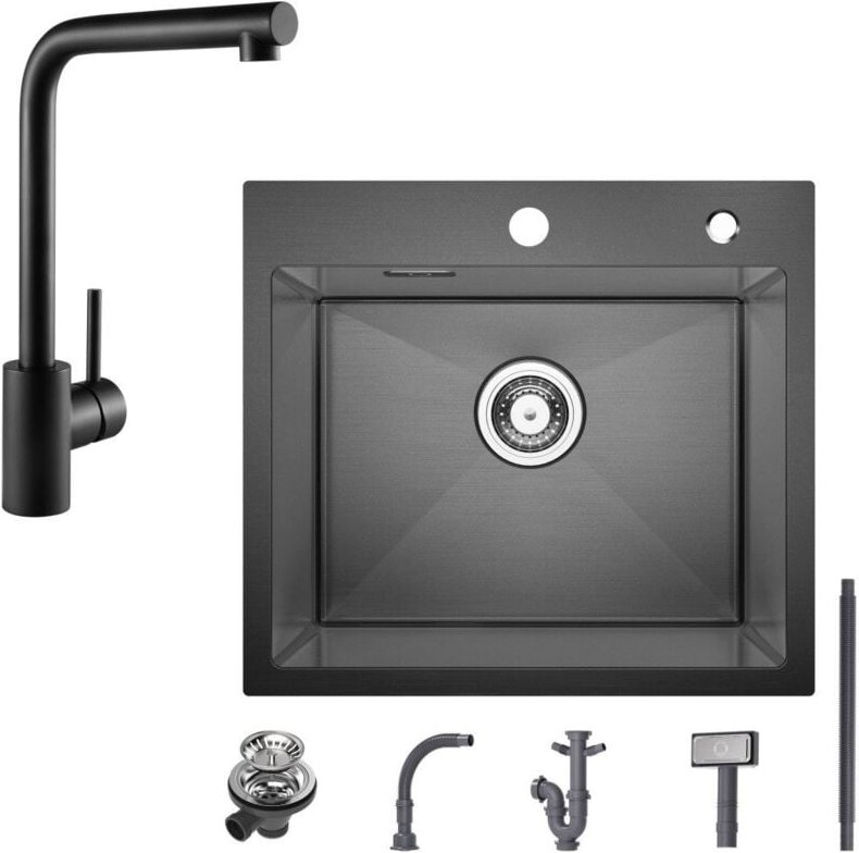 Spülbecken mit 1 Becken 50×45CM Edelstahlspüle Anthrazitschwarz + Schwarz Küchenarmatur 360° drehbar Einhebel-Spültischa...