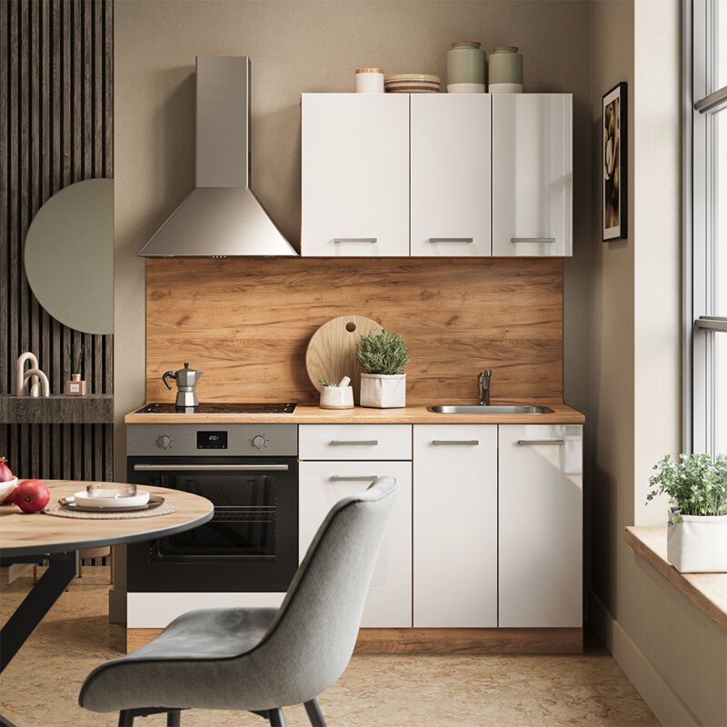 Singleküche R-Line, Weiß Hochglanz/Goldkraft Eiche, 160 cm mit Herdumbauschrank ohne Arbeitsplatte, Vicco