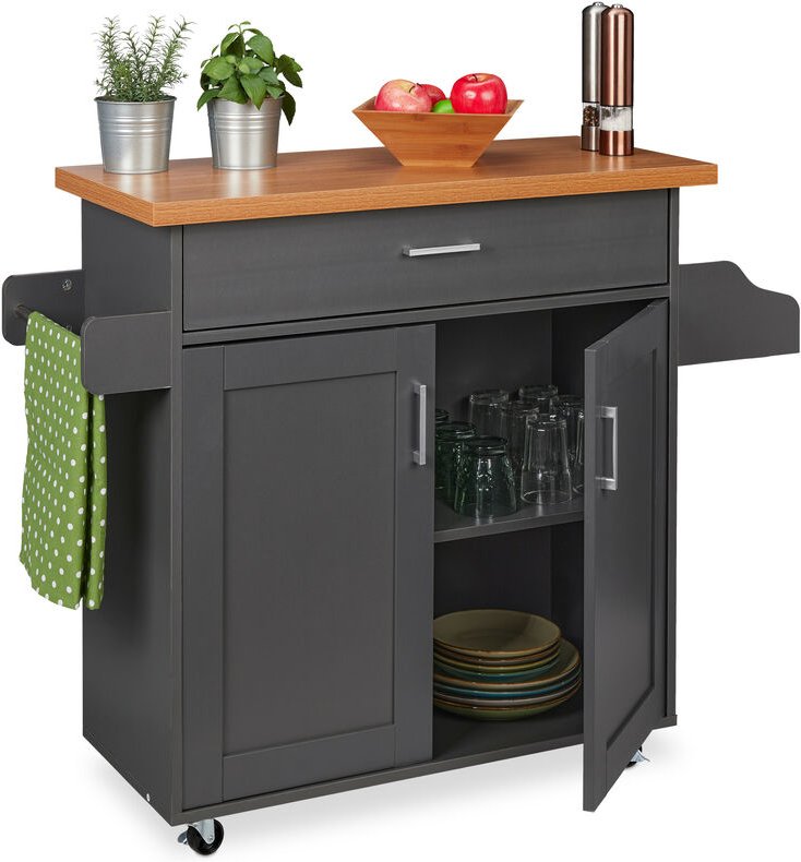 Küchenwagen, Arbeitsplatte, Schublade, 2 Fächer, Gewürz- & Handtuchhalter, mobiler Küchenschrank, grau/natur - Relaxdays