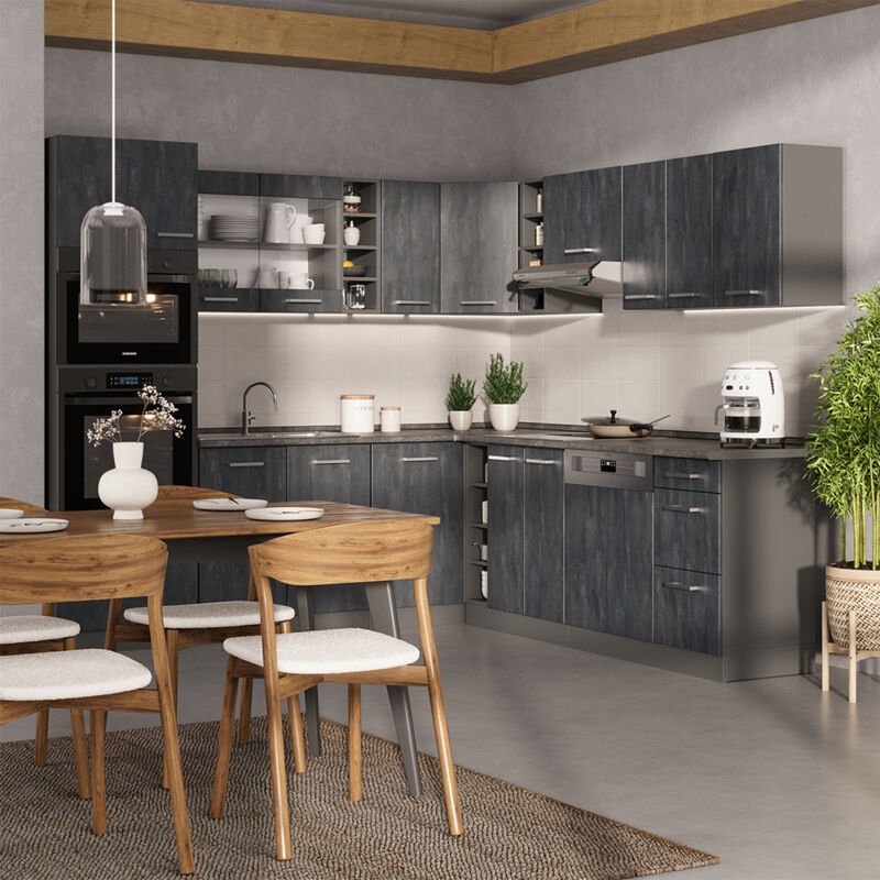 Vicco - Einbauküche in L-Form R-Line, Schwarz Beton/Anthrazit, 237 x 247 cm ohne Arbeitsplatte