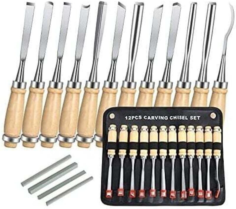Holzmeißel, 12-teiliges Holzgravur-Werkzeugset, Abisoliermesser für Holzschnitzerei mit Holzgriff und Spule, für Anfänge...