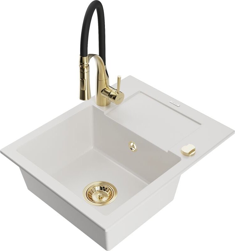 Enzo 1 Becken-Granitspüle mit Abtropffl√§che und Mischbatterie Aster, Wei√ü - 6506-20-73450-57-G - Mexen