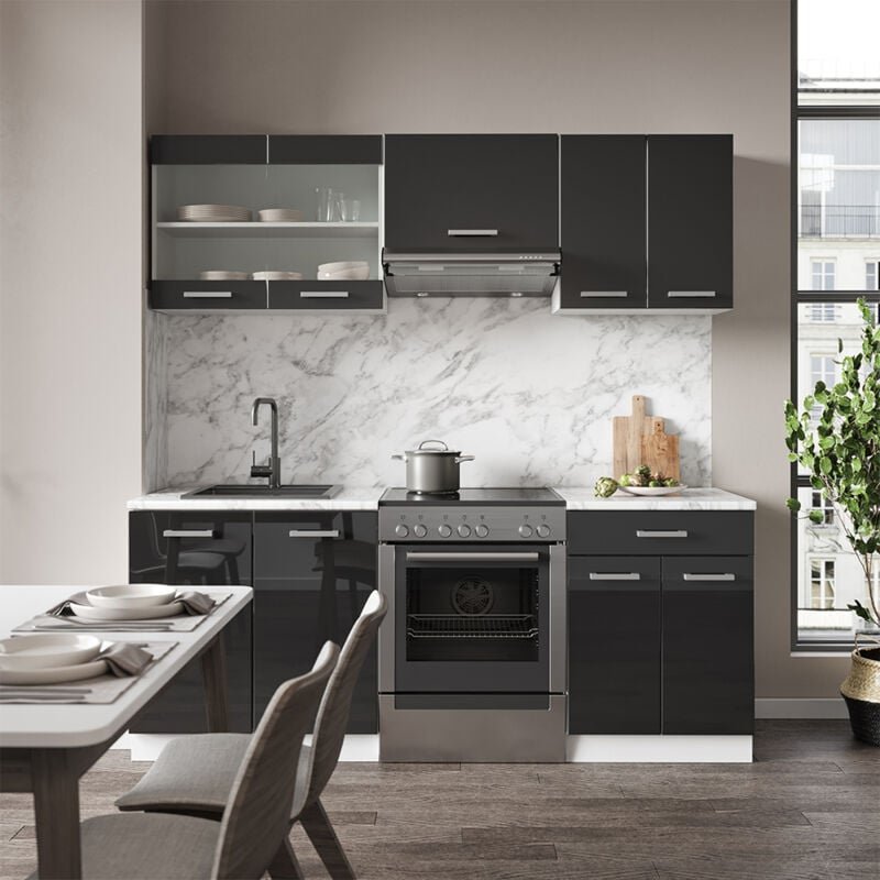 Vicco - Küchenschränke Fame-Line, Anthrazit Hochglanz/Weiß, 200 cm , ap Anthrazit