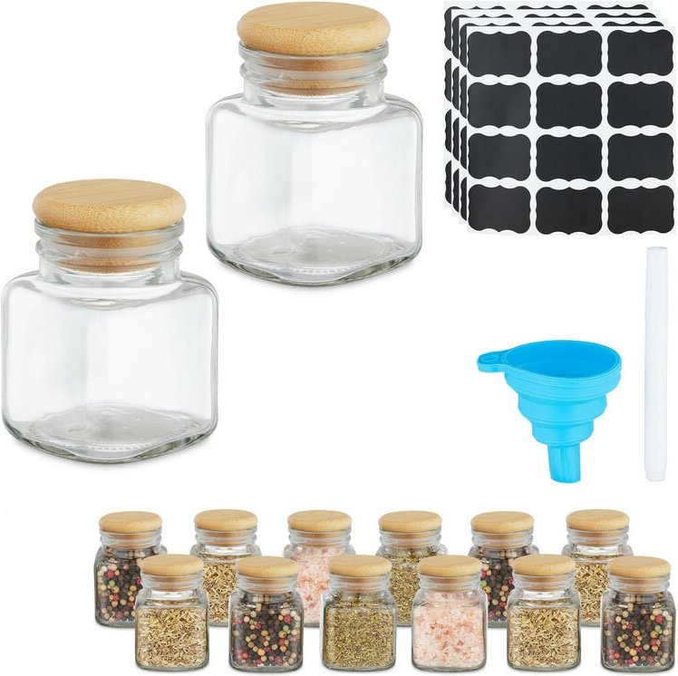 Gewürzgläser 14er Set, Gewürzdosen, 100 ml, mit Etiketten, Stift & Trichter, Glas & Bambus, transparent/natur - Relaxday...