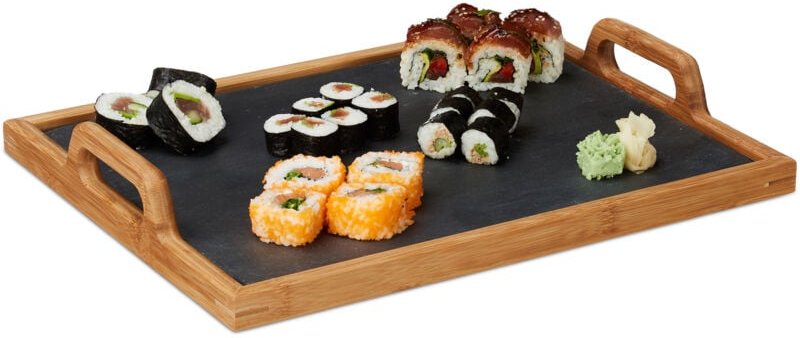 Thumbnail - Relaxdays - 2 x Serviertablett Bambus, mit Schieferplatte, 2 Henkel, Deko Accessoire, Küche, h x b x t: 6 x 40,5 x 32 cm...