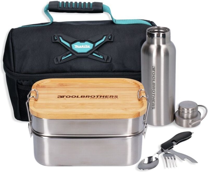 Toolbrothers - Fan Lunchpaket in Makita Kühltasche mit Edelstahl Brotdose 2 Etagen Bambus Deckel 1340 ml + Edelstahl Tri...