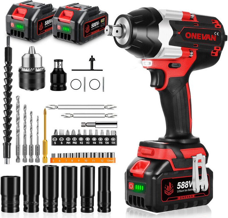 Onevan - Akku Schlagschrauber 1800 n.m Drehschlagschrauber mit 2 Batterien und 44 Zubehörteilen