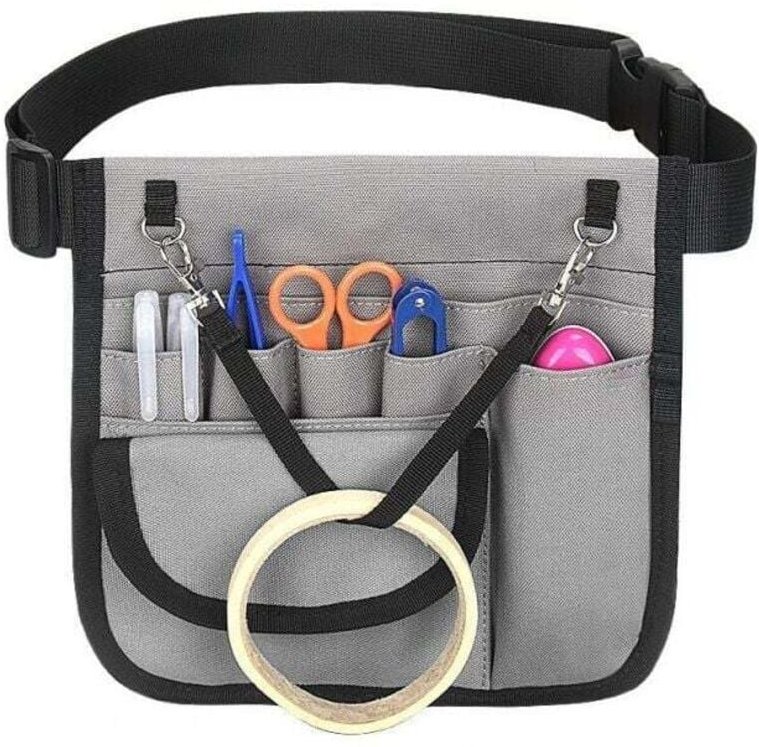 Bolsa de herramientas para enfermeras, un bolsillo con solapa y cinturón ajustable (gris)