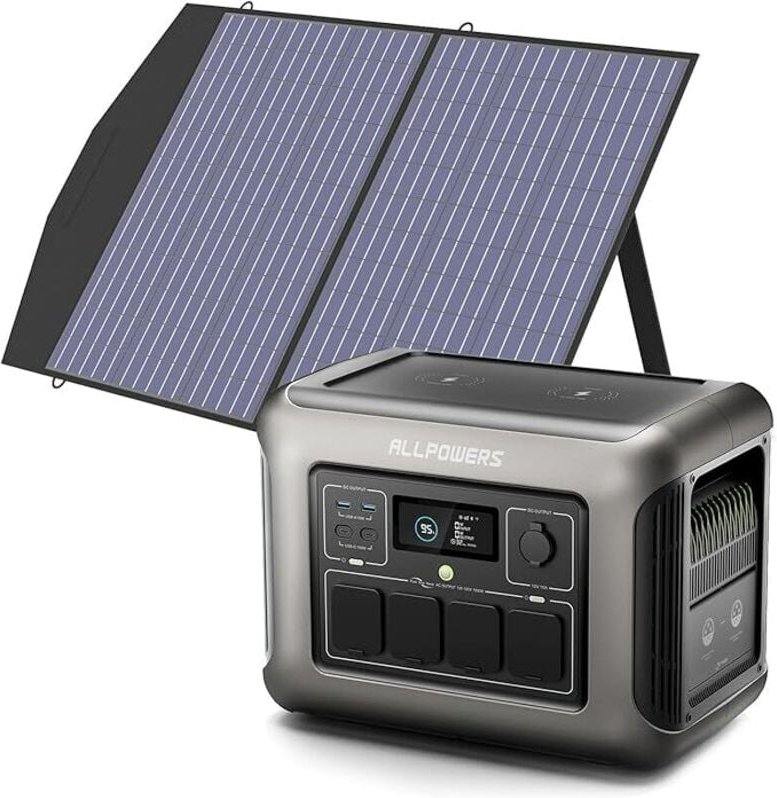 R1500 Tragbare Powerstation mit 100W Solarpanel, 1152Wh LiFePO4 Batterie mit 1800W ac Ausgang Solargenerator, 43dB Leise...