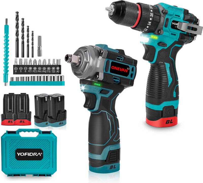 Bürstenloser 500 n.m Elektrischer Schlagschrauber + Bürstenloser Elektrischer Bohrmaschinen mit 20 + 3 Drehmoment, mit 4...