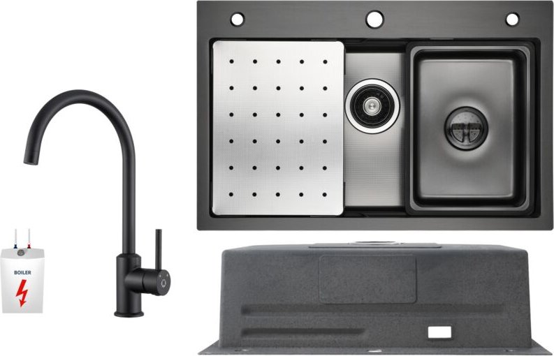 Küchenspüle aus Edelstahl 70x45cm Anthrazitschwarz Mit Abtropffläche + Niederdruck-Küchenarmatur Schwarz Hohe 430MM