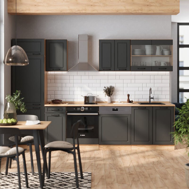 Vicco - Küchenzeile R-Line, Anthrazit Landhaus/Goldkraft Eiche, 300 cm ohne Arbeitsplatte