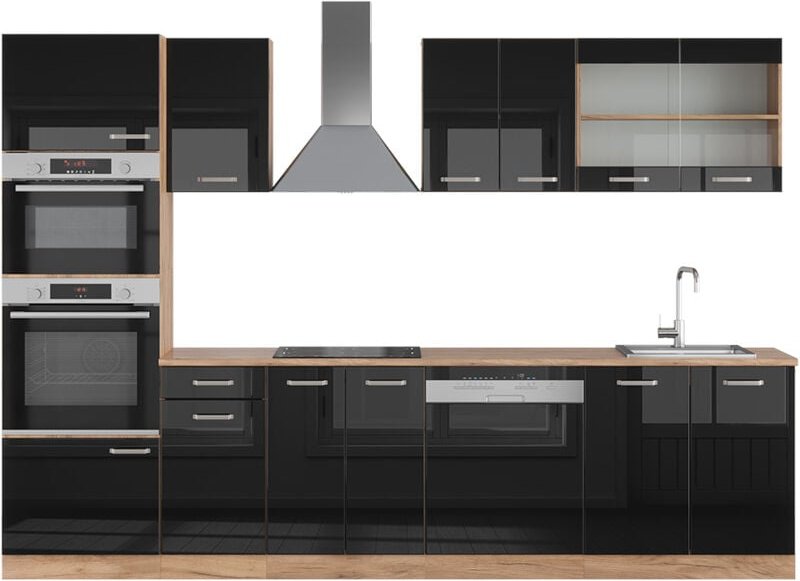 Thumbnail - Vicco - Küche R-Line, Schwarz Hochglanz/Goldkraft Eiche, 300 cm mit Hochschrank, ohne Arbeitsplatte