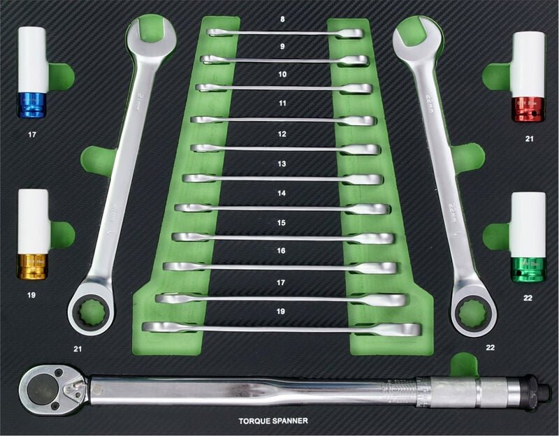 Profi Werkstattwagen Einlage Knarren-Ring-Maulschlüssel-Satz + Drehmomentschlüssel + Felgennüsse