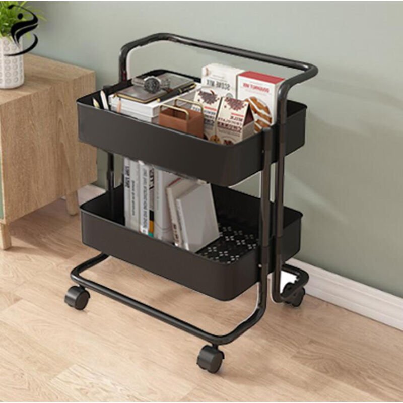 Rollwagen mit 2 Ebenen, Räder für Büro, Küche, Bad, Wohnzimmer, Schwarz