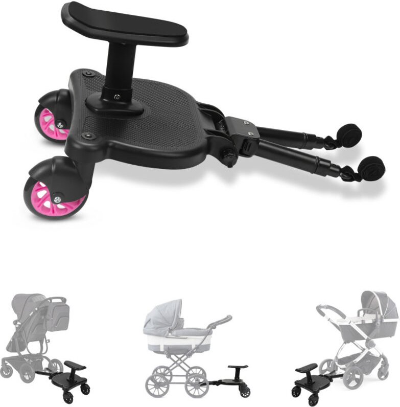 Thumbnail - Swanew Buggy Board mit Sitz Kiddyboard Kinderwagen Board Trittbrett Universal Hilfspedal 360°Zweirad Design Rosa