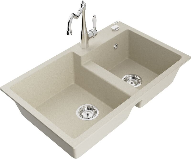 Tomas 2-Becken-Granitspüle mit Mischbatterie Carla, Beige - 6516-69-670700-00 - Mexen
