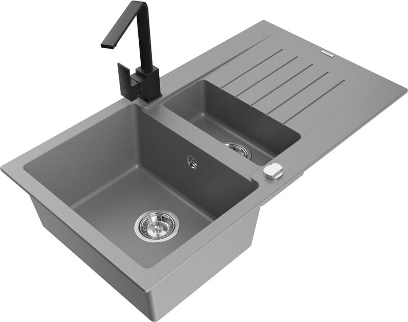 Matias 1,5-Becken-Granitspüle mit Abtropffläche und Mischbatterie Rita, Grau - 6502-71-670300- - Mexen