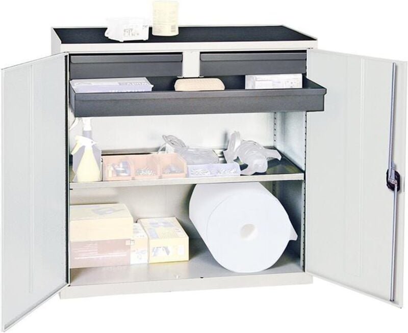 Werkzeug- und Materialschrank Serie 3000 lichtgrau + 2 Schubladen 100 mm + 1 Schublade 100 mm durchgehend + 1 Auszugsbod...