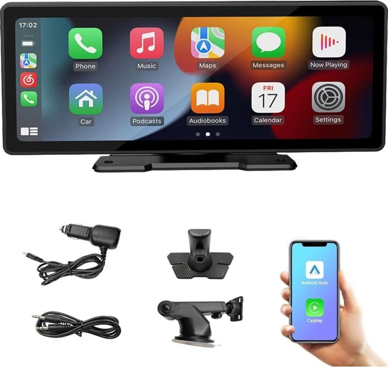 Tragbarer 10,3-Zoll-HD-IPS-Automonitor mit Android Auto und kabellosem Apple CarPlay, Bluetooth-FM-Transmitter, 7 V–32 V...