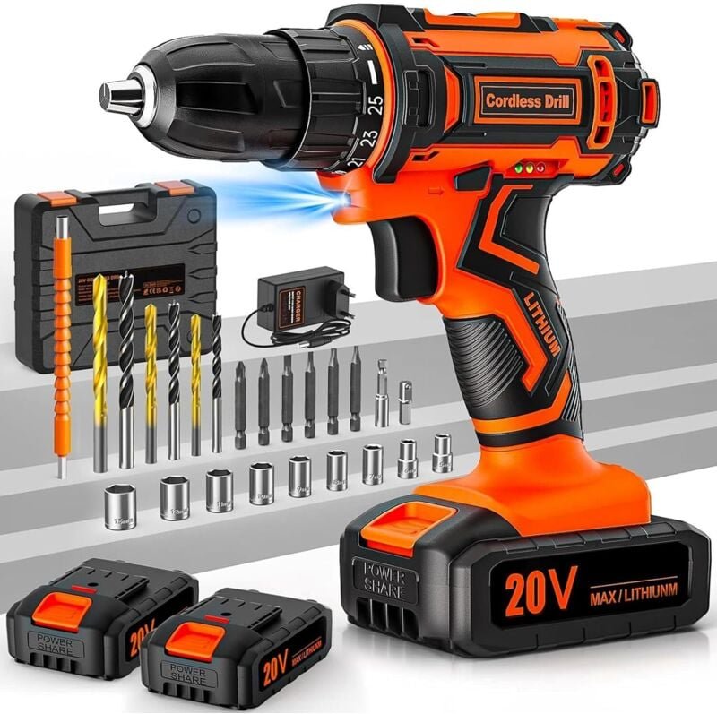20V Akku-Bohrschrauber, Akkuschrauber mit 2 x 2,0 Ah Akkus, 42Nm, 25+1 Drehmomenteinstellungen, 2 Geschwindigkeiten, LED...