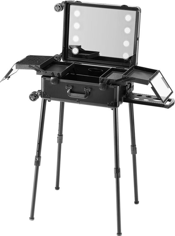 Mophorn - Schminkkoffer mit 4 Fächern, Schloss und beleuchtetem Spiegel, Pinselhalter, Lautsprecher, Reise-Kosmetik-Orga...