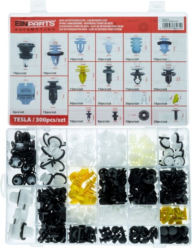 Spezielle Clips und Stifte von Tesla – 300-teiliges Set.