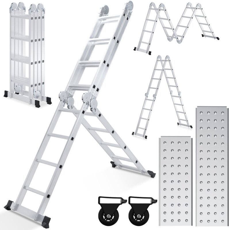 Thumbnail - Swanew Multifunktionsleiter Aluminium,Mehrzweckleiter 470cm, 6 in 1 Klappleiter mit 2 Rollen und Plattform, 4 x 4 Silber...