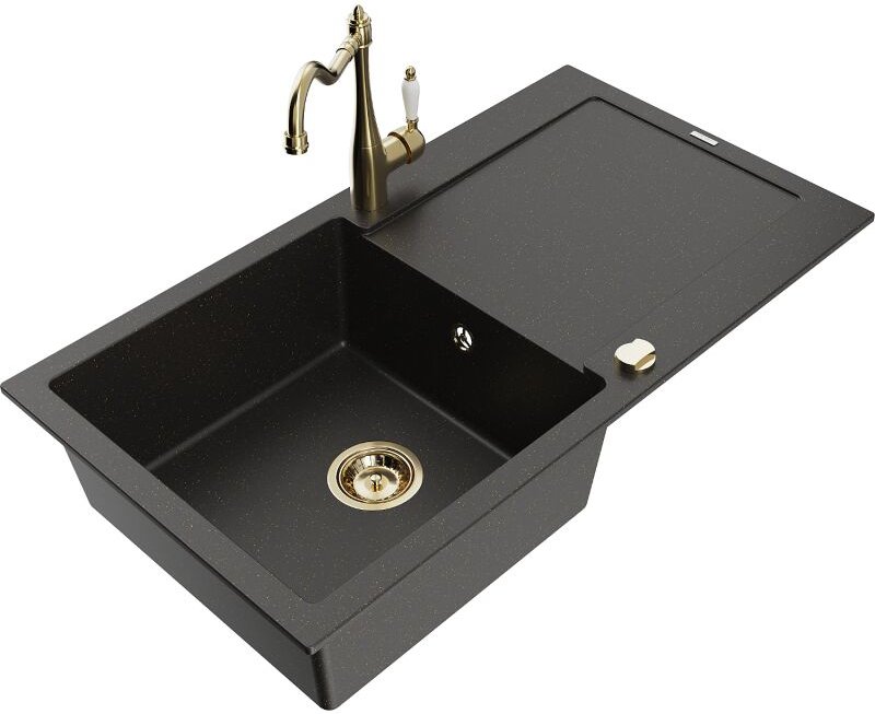 Leo 1 Becken-Granitspüle mit Abtropffl√§che und Mischbatterie Carla, Schwarz/Gold metallisch - 6501-75-670700-50 - Mexen