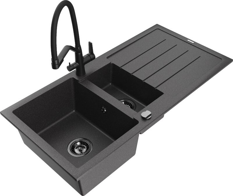 Andres 1,5-Becken-Granitspüle mit Abtropffläche und Mischbatterie Duo, Schwarz gesprenkelt - 6 - Mexen