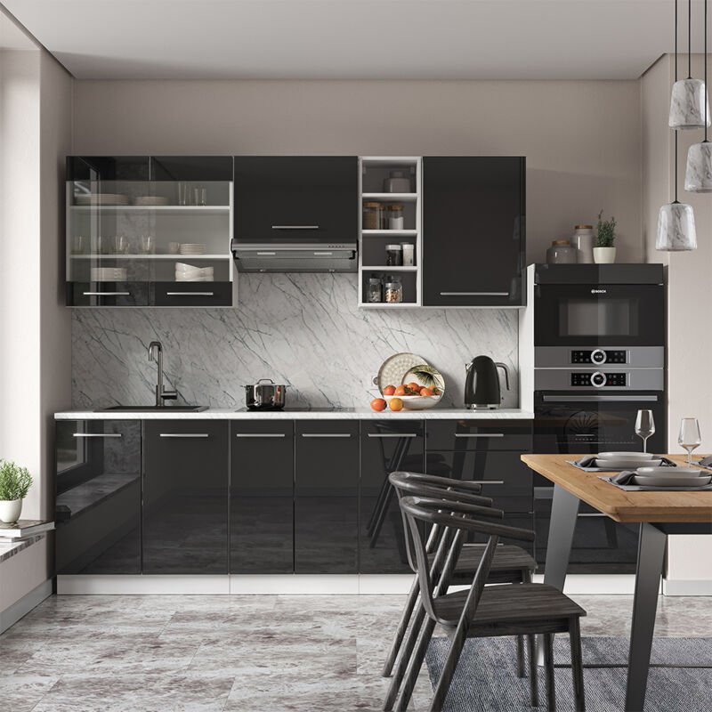 Vicco - Küchenzeile Fame-Line, Anthrazit Hochglanz/Weiß, 280 cm , ap Marmor