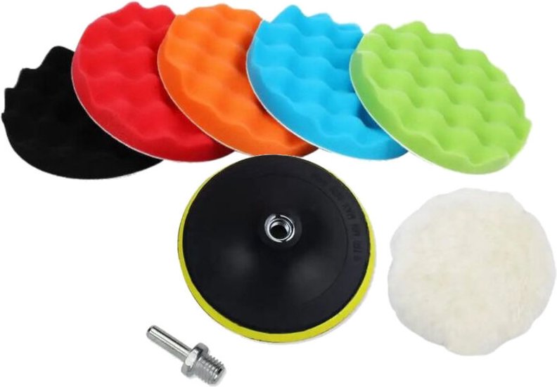 8in1 Polier-Set (5x Polierschwamm gewaffelt, 1x Polierfell, 1x Stützteller, 1x M14 Adapter) für Schleifmaschinen - Ø100m...