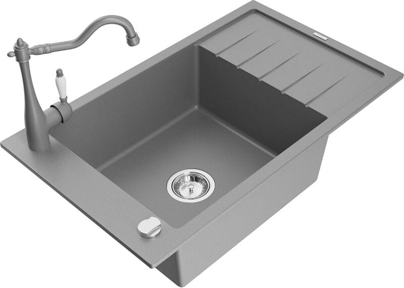 Elias 1 Becken-Granitspüle mit Abtropffläche und Mischbatterie Carla, Grau - 6511-71-670700-71 - Mexen