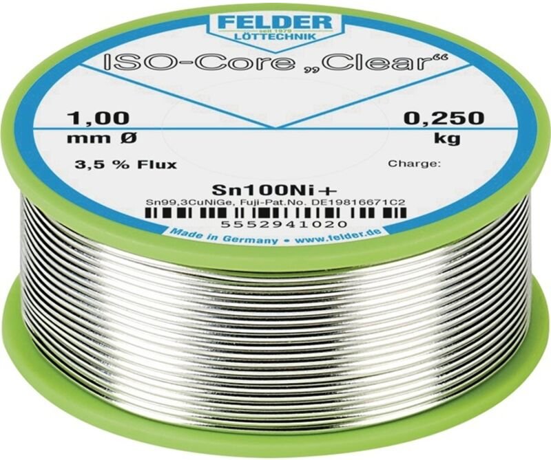 Felder Löttechnik - Felder ISO-Core 'Clear' Sn100Ni+ Lötzinn, bleifrei Spule Sn99,25Cu0,7Ni0,05 0.250 kg 1 mm
