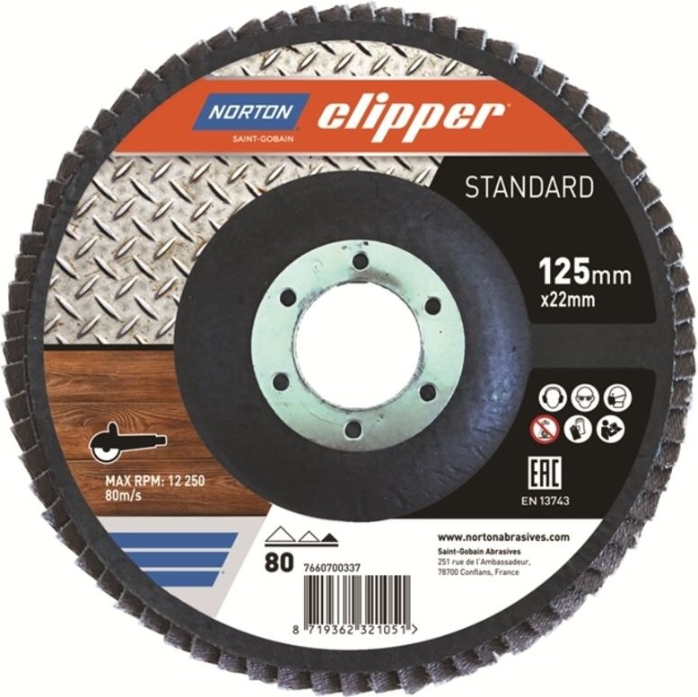 Saint Gobain - Norton Clipper Fächerschleifscheibe Mopteller Standard 125mm, Ausführung: 125x22,23 , K80, 10er ve