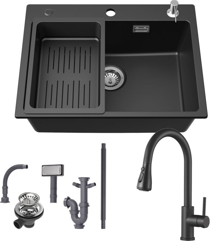 Granitspüle 60×45 cm Küchenspüle Granit + Ausziehbare Küchenarmatur, Aufsatz Spüle mit Abtropfkorb und Seifenspender
