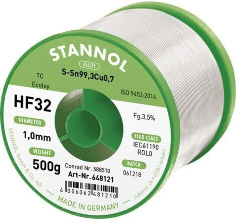 Stannol HF32 3500 Lötzinn, bleifrei Spule Sn99,3Cu0,7 REL0 500 g 1 mm